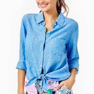 Lilly Pulitzer Womens Sea View Beckon Blue Sea Salt Linen Button Down Top XXL